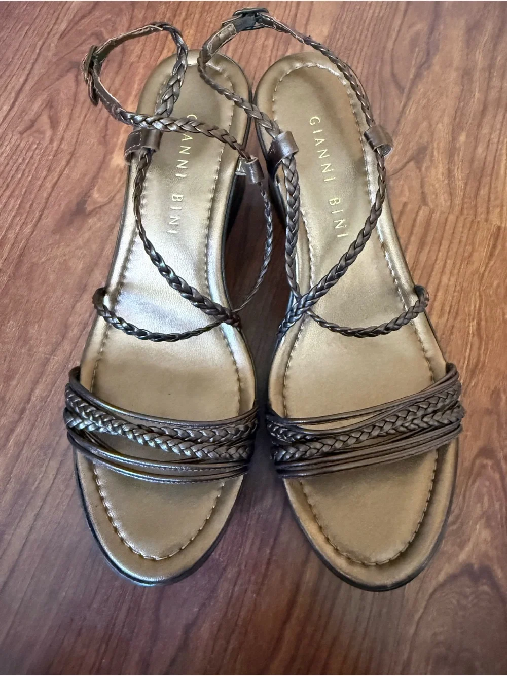 Gianni Bini Metallic Bronze Braided Strap Wedge Sandals